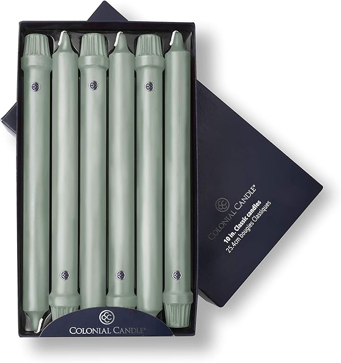 Colonial Candle Unscented Taper Candle, Classic Collection, Colonial Classic Green, 10 In, Pack of 12 - Up to 8 Hours Burn