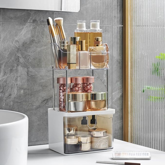 FORUP Makeup Organizer for Vanity, 2-Tier 1-Drawer Bathroom Counter Organizer, Multi-Purpose Vanity Organizer, Skincare Perfume Organizers, Cosmetic Dresser Organizer for Vanity Countertop, Clear