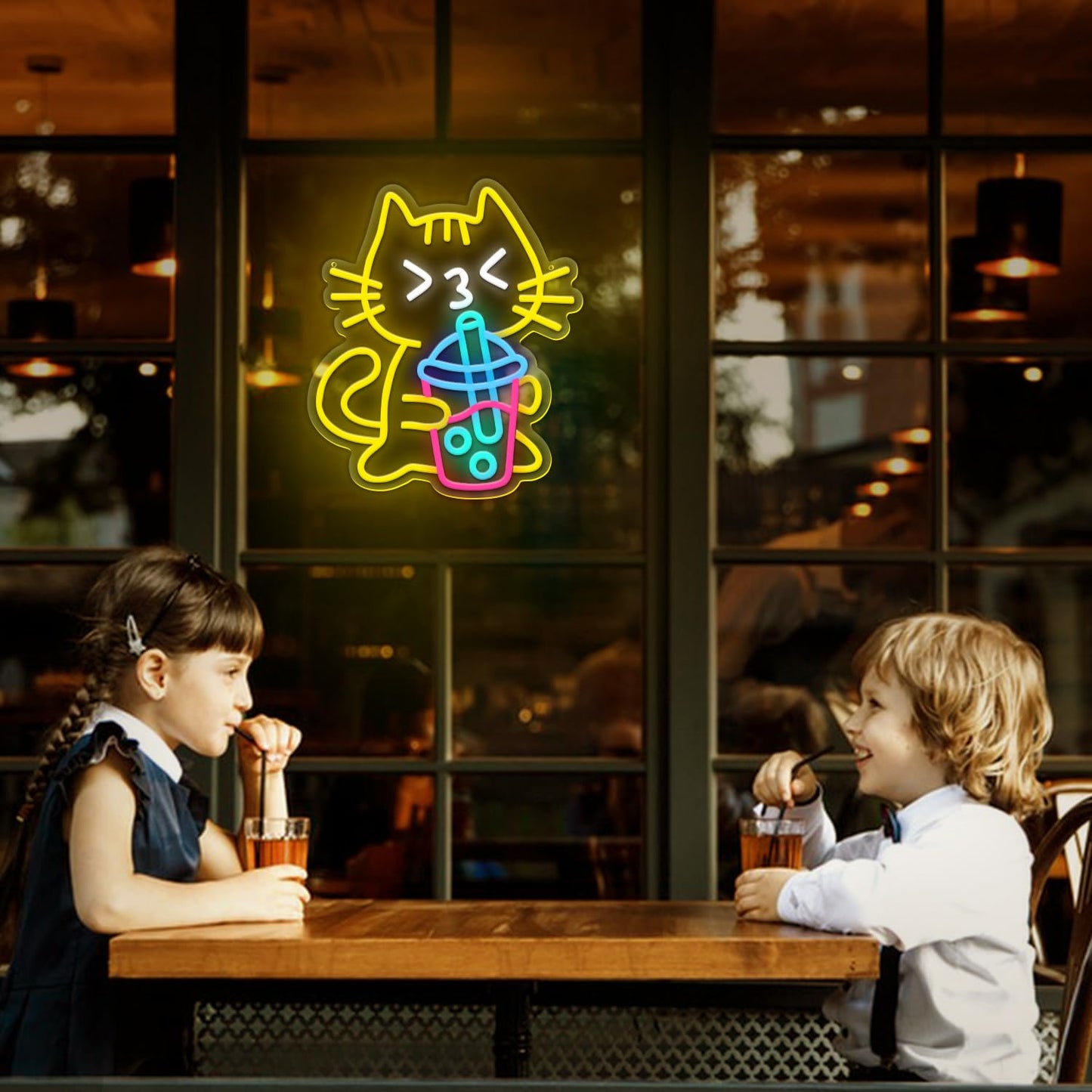 Sneignon Cat Boba Tea Neon Sign Yellow Cat Led Neon Signs for Wall Decor USB Bubble Tea Neon Light Cute Animal Neon Light Sign for Bedroom Dessert Bar Coffee Shop Kitchen Restaurant Party
