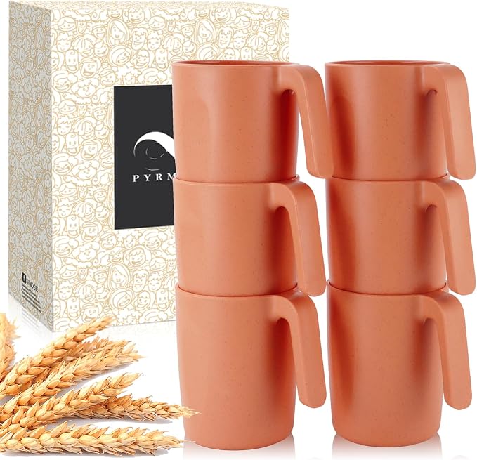 PYRMONT Wheat Straw Cups 16 Oz Alternative Plastic Cups With Handle Dishwasher & Microwave Safe Mug Set of 6 Unbreakable Cups Set for Camping,Pool,RV-Orange