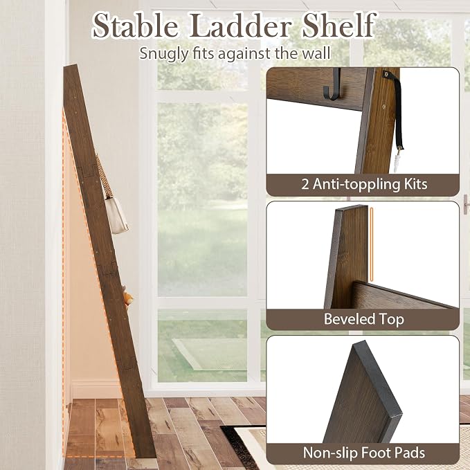 Giantex Bamboo Blanket Ladder, 5-Tier Ladder Shelf w/ 4 Removable Hooks, Decorative Wall Leaning Ladder, Blanket Holder w/Anti-Tip Straps, Farmhouse Towel Display Rack for Living Room, Bedroom
