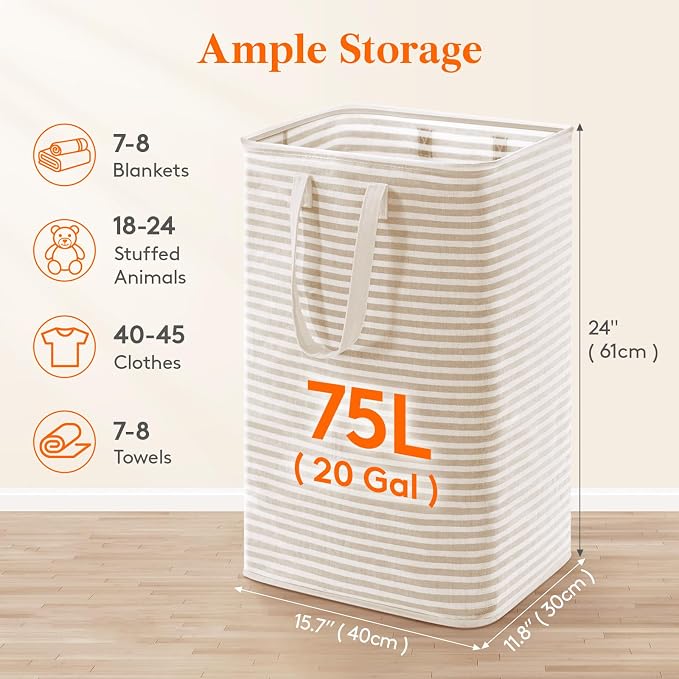 Lifewit 75L Large Collapsible Laundry Hamper, Tall Foldable Dirty Clothes Baskets Waterproof, Freestanding Design with Easy Carry Handles in Dorm Bedroom Bathroom College, Beige