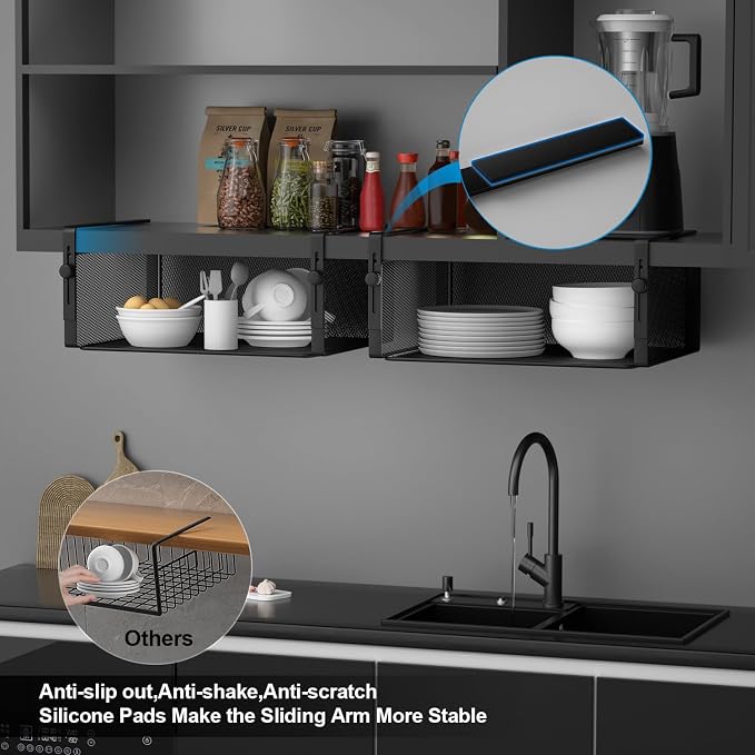AmonHouseware 2Pack Under Shelf Basket Organizer,Adjustable Hanging Holder for Cabinet Pantry Kitchen Cupboard Desk Counter Bookshelf Organization Add-on Space Saver Heavy Duty Slide-in (Black, Large)
