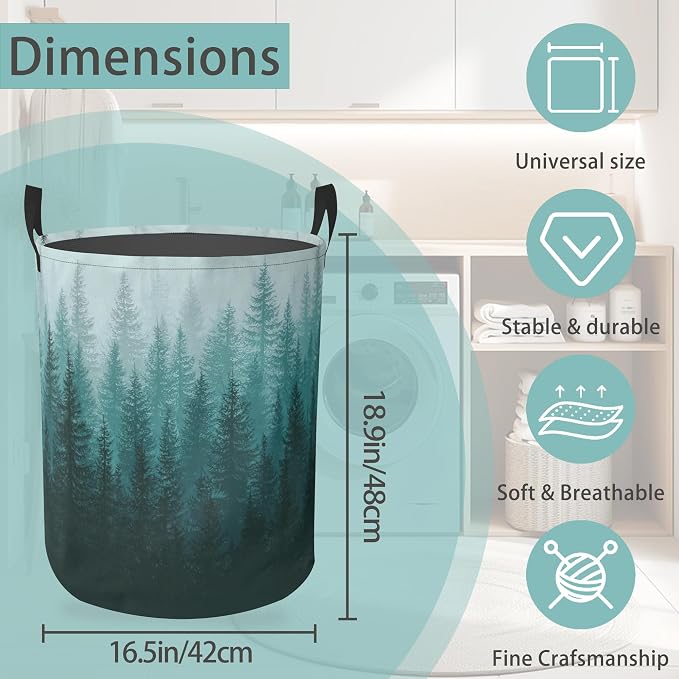 Green Misty Forest Round Laundry Hamper Storage Basket Toys Clothes Organizer Bin For Home Bathroom Bedroom Dorm Nursery