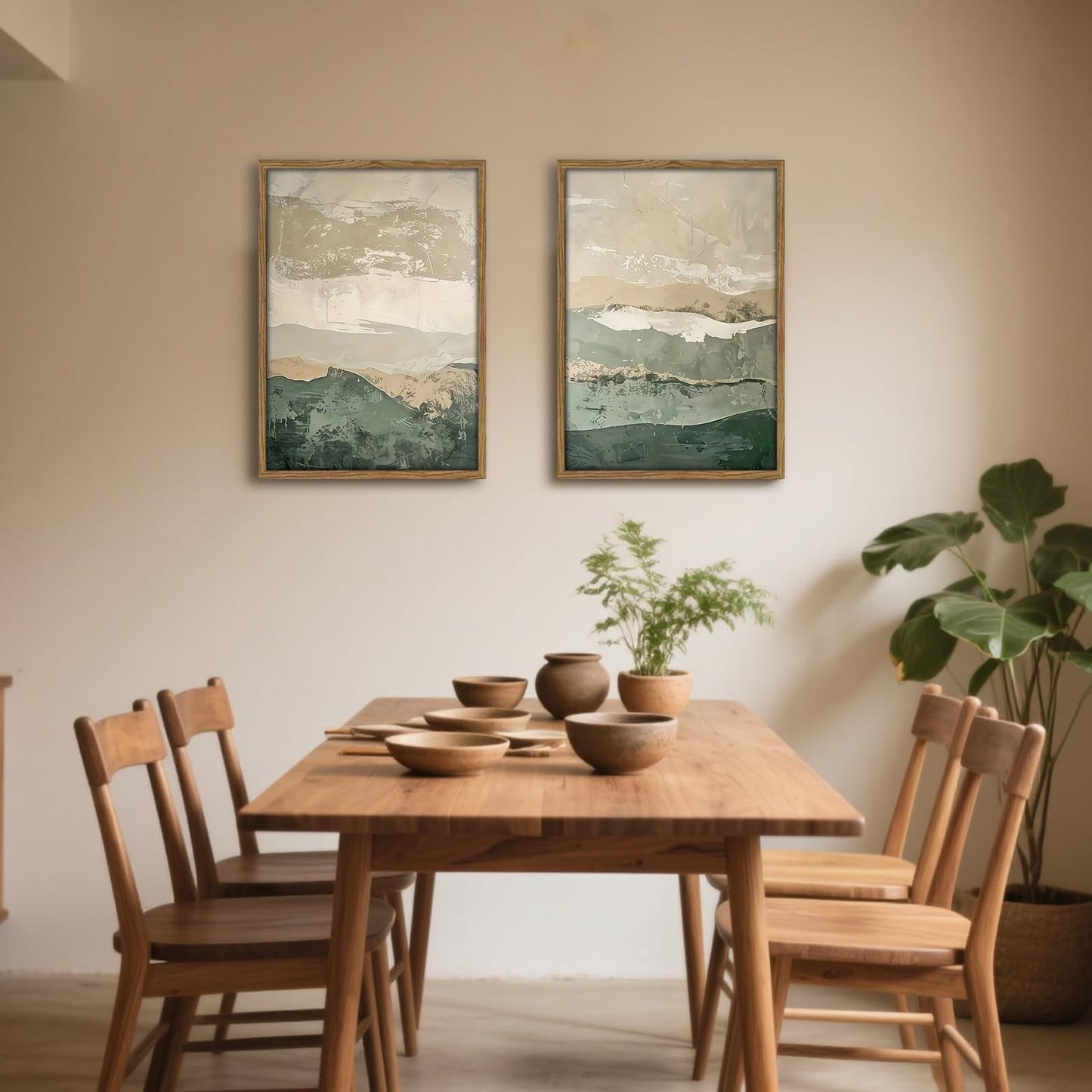Framed 2Pcs Green Abstract Wall Art with Wood Frame Rustic Landscape Canvas Print Earth Tones Farmhouse Painting Picture Wall Decor for Living Room Bedroom Office12x16 Inches