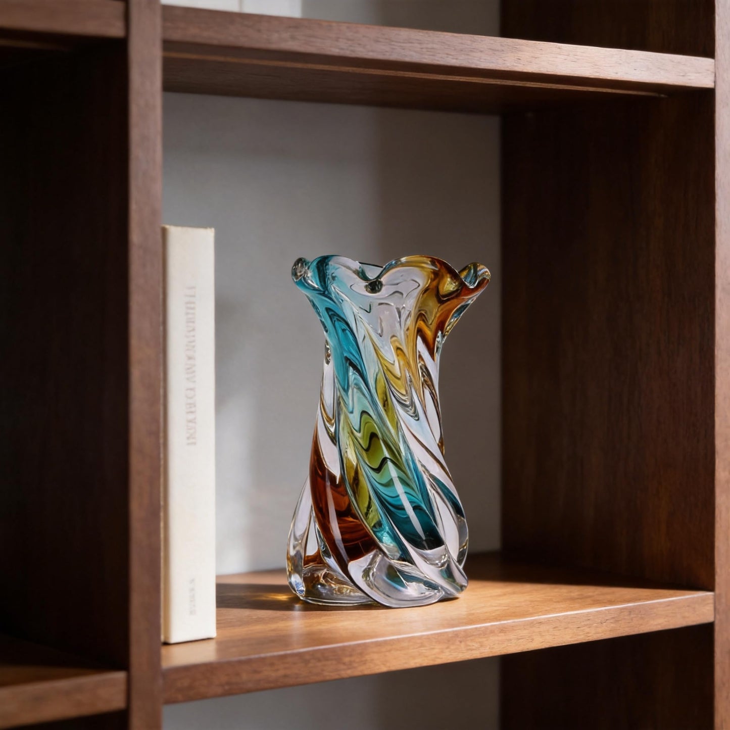 Hand Blown Glass Vase with Swirl Ribbon Design, Flared Opening for Flower Arrangements, Decorative Centerpiece for Home Decor, Birthday Housewarming Gift (Blue)
