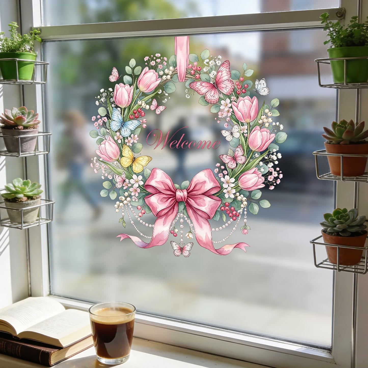 Summer Bow Welcome Window Clings Pink Tulip Flower Window Stickers with Butterfly Daisy Design Static Window Decals Easy to Clean Spring Glass Decals for Home Spring Theme Party Decor 1 Pcs
