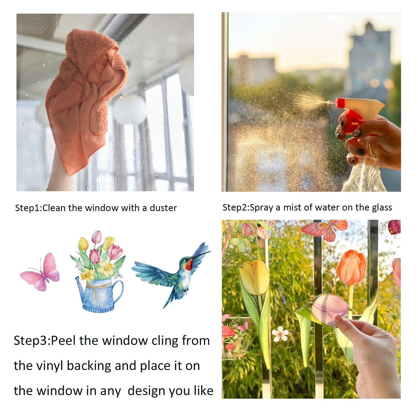 83 PCS Summer Window Clings Spring Flower Window Stickers Decorations for Glass Windows, Easter Tulip Butterfly Flower Window Decals