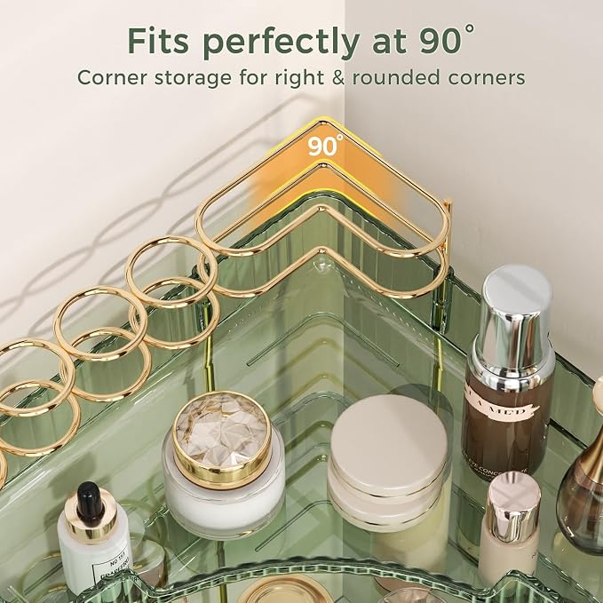 BEFSOP Corner Bathroom Counter Organizer, Upgraded 3-Tier Makeup Organizer Countertop with Makeup Brush Holder, Skincare Exquisite Vanity Organizers Countertop Bathroom Storage Dresser(Green)
