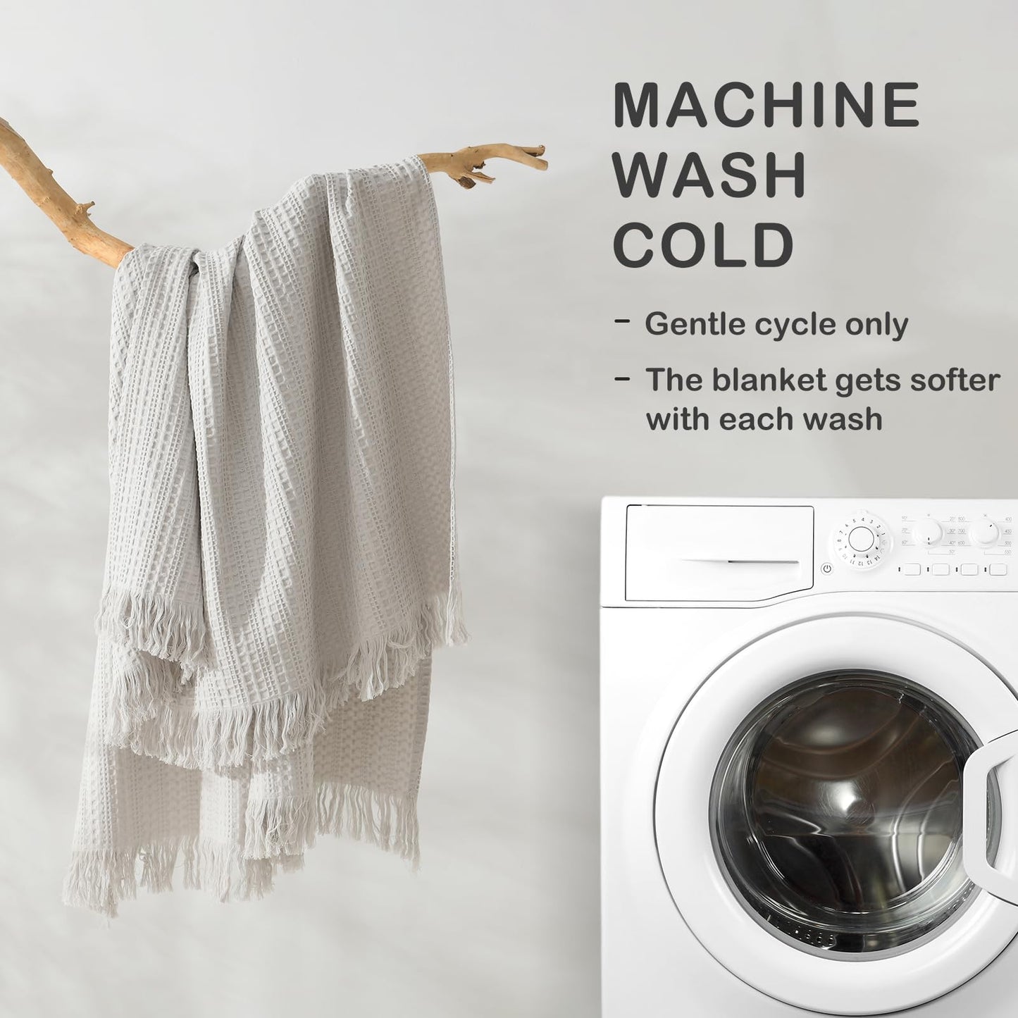 100% Cotton Waffle Blanket with Fringe, Pre-Washed Waffle Weave Blanket for All Season, Lightweight Breathable Soft Cozy Throw Blanket for Couch, Bed, Travel (Light Grey - 50x60 Inches)