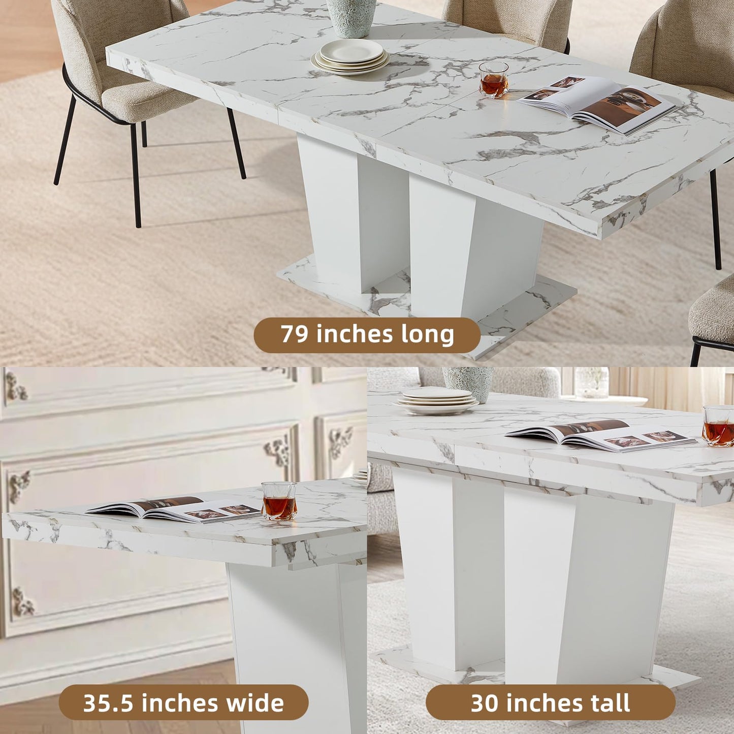 Senfarime Dining Table Extendable 63 in-79 in for 4-8 Expandable Wood Rectangle with Fluted Base for Dining Room Kitchen Living Room Furniture Marble White