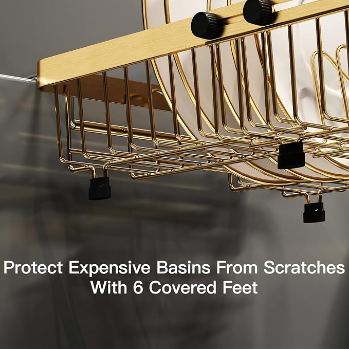 MAJALiS Gold Dish Drying Rack Over The Sink, Expandable Stainless Steel Dish Drainer for Small Kitchen Counter Space Saving, RV Compact Plate Strainer in Metal with Hanging Adjustable Utensil Holder