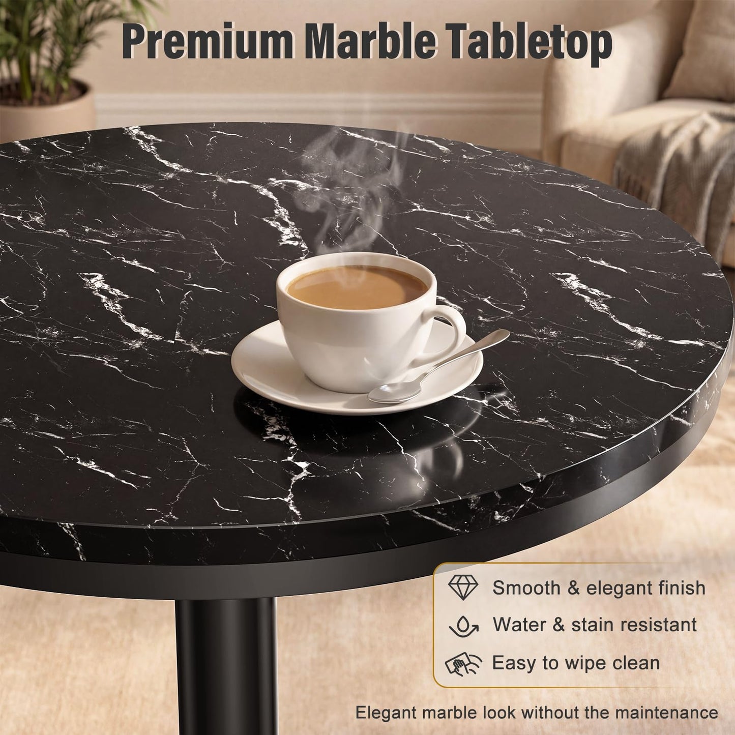 Modern Round Marble Bar Table, 22" Black Marble Top Pub Table with Gold Metal Base, Tall Bistro Table for Home Bar, Kitchen, Dining, Small Spaces, 41'' Bar Height