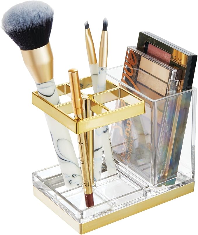 mDesign Plastic Toothbrush and Toothpaste Storage Organizer Holder - Home Decor for Bathroom Countertop - Holds Toiletries and Beauty Accessories - Lumiere Collection - Clear/Soft Brass