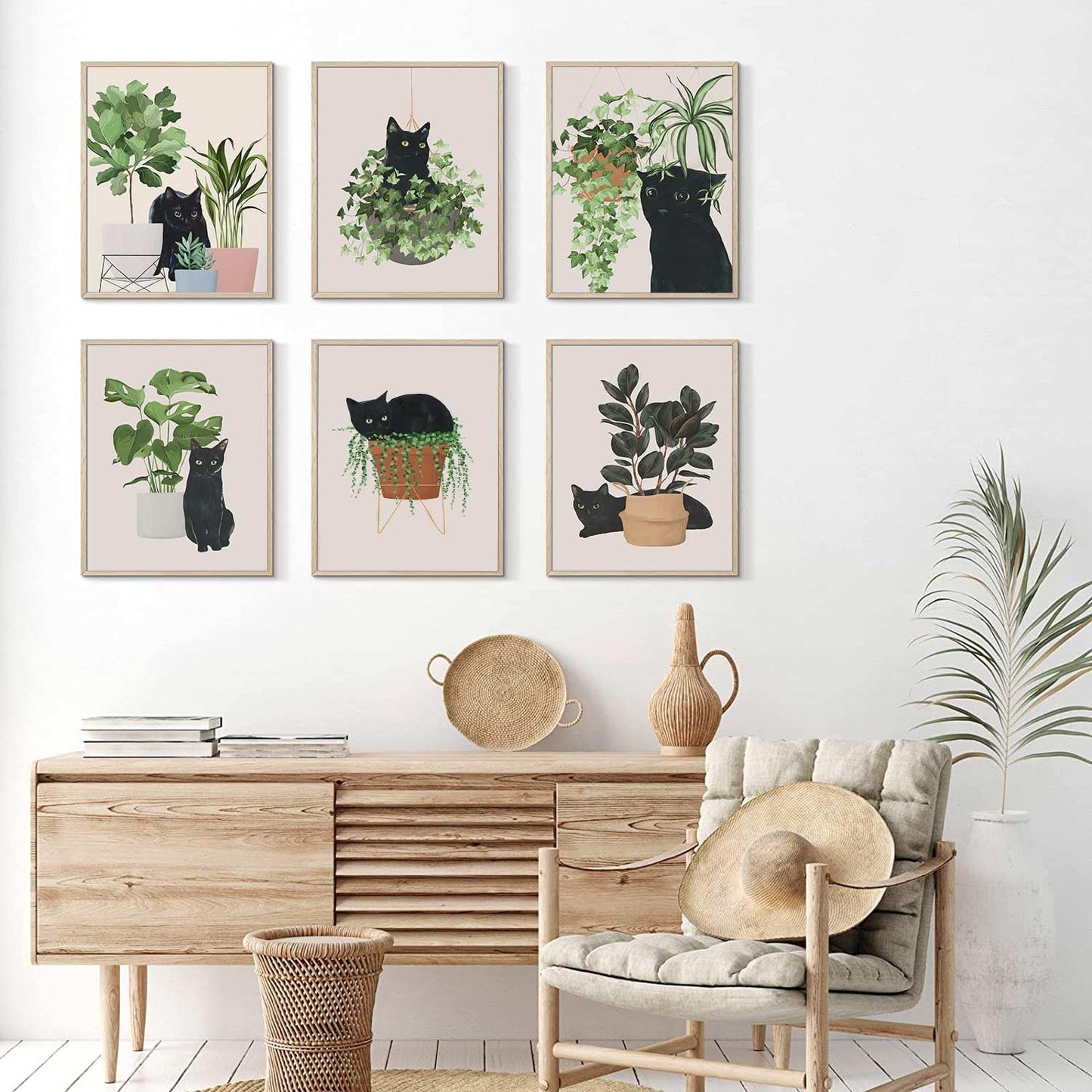 6pcs Cute Black Cat Botanical Wall Art, Green Leaves Plants Boho Wall Art Canvas Paintings, Minimalist Aesthetic Poster Prints Wall Decor Pictures for Living Room Bedroom Office, Unframed (8"x10")