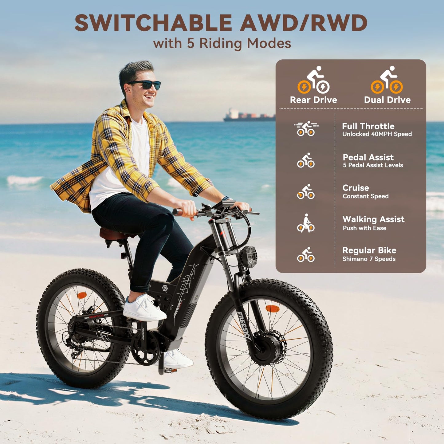 FREESKY 4000W Dual Motor Electric Bike for Adults, 48V 30AH Battery 120Miles Range, 40+MPH AWD Fast E-Bike, 26" Fat Tire Full Suspension Off-Road Mountain E Bike, Blue Grey, with Cycling Kits