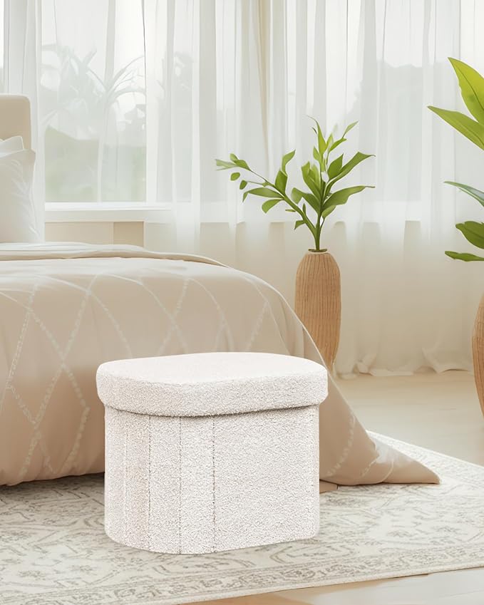 B FSOBEIIALEO Storage Ottoman for Dorm Room, Boucle Folding Storage Ottoman Foot Rest, 16.14 Inches Small Collapsible Ottoman Cube for Living Room White Cream