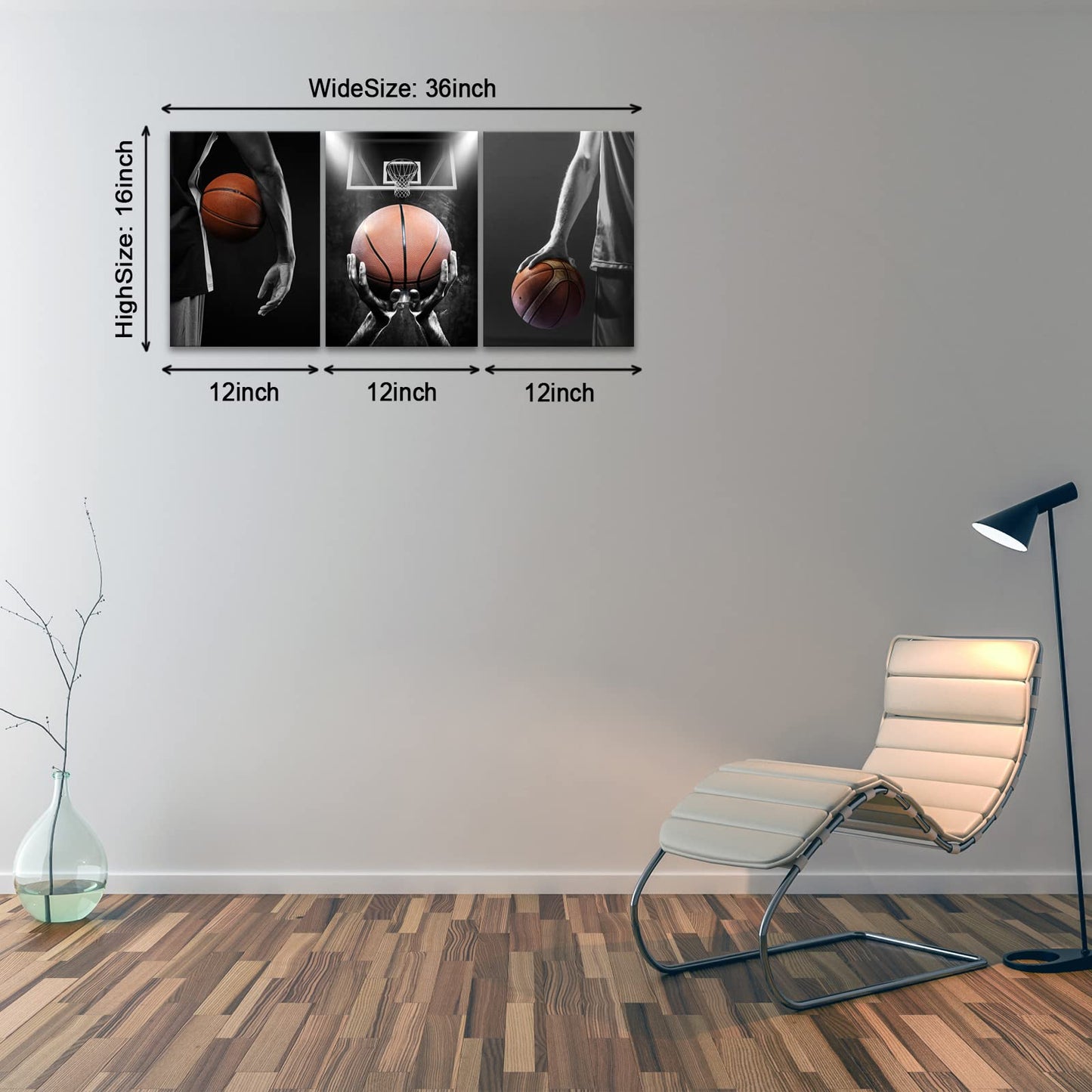 KAWAHONE 3 Pieces Basketball Art Prints-Black and White Basketball Sports Canvas Wall Art-Basketball Hoop Sport Decor for Bedroom Gym, Perfect Boys Gift