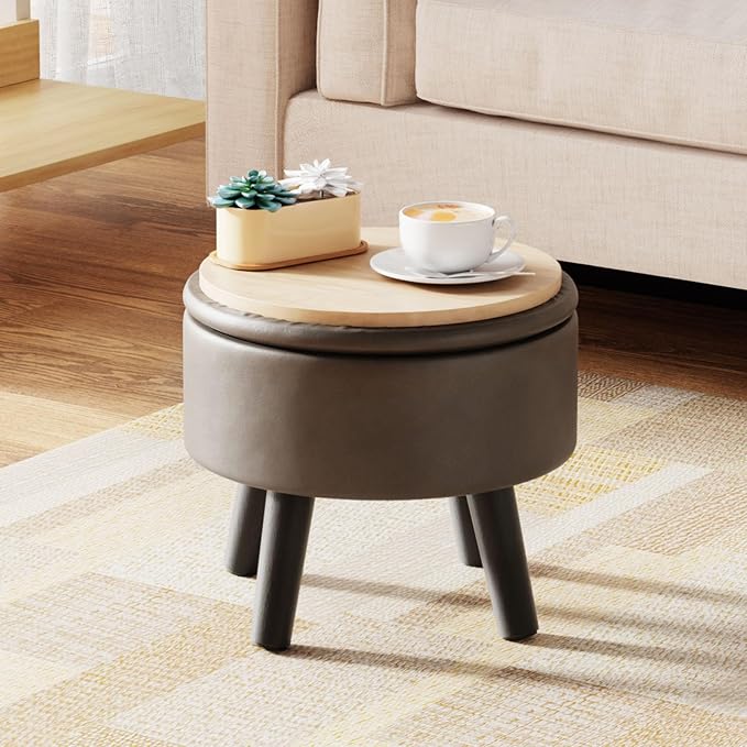 Small Foot Stool Ottoman with Storage, Faux Leather Ottoman Foot Rest for Couch, Round Footstool Ottomans for Living Room (Gray)