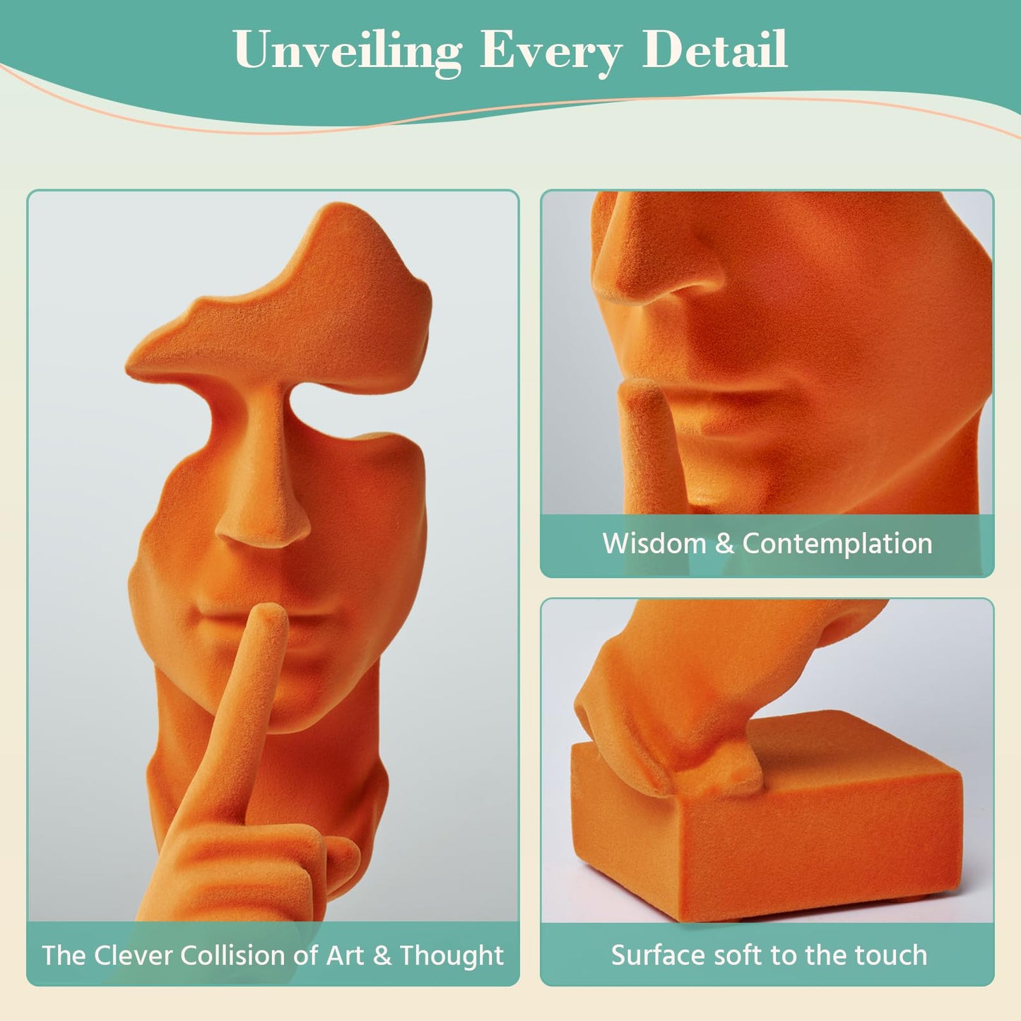 FOLKOR LIFE Velvet Flocked Thinker Sculpture for Room Decor, Flocked Mask Collectible Figurines Modern Abstract Art Statue for Home, Bookshelf, Office, Desk Decor (Orange)