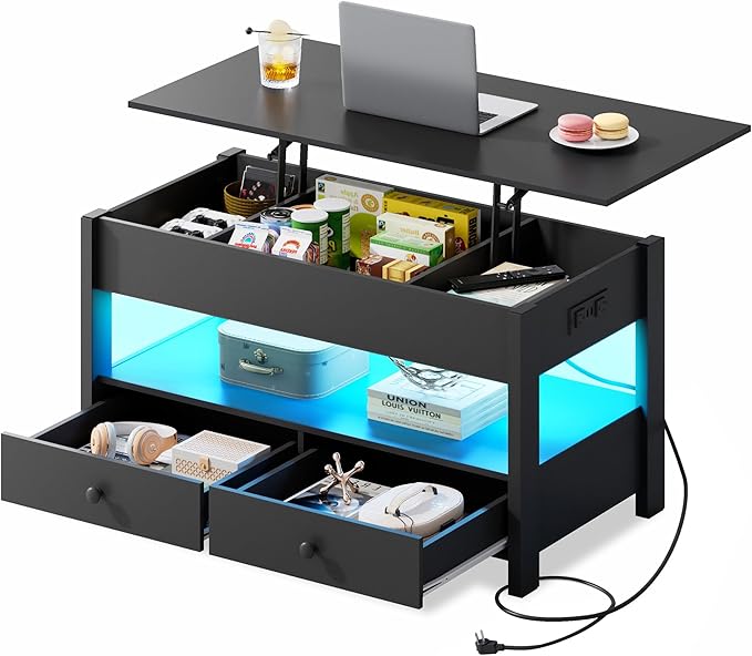 WLIVE Coffee Table, Lift Top Coffee Table with Drawers, LED Light, Large Storage and Open Shelf, Lift Tabletop for Living Room, Deep Black