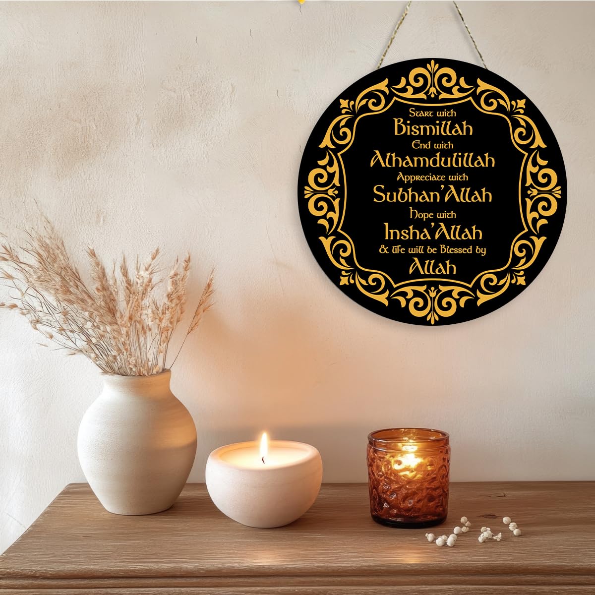 Ramadan Islamic Decor Hanging Eid Decorations Start and End with Allah Appreciate Hope with Allah Black Gold Round Wooden Sign for Muslim Home Door Decor Party Supplies