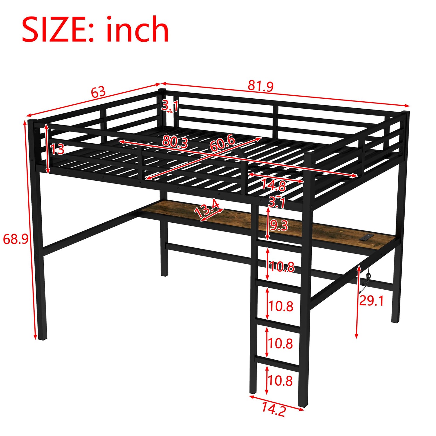 Bellemave Metal Queen Size Loft Bed with Desk and Charging Station,Queen Heavy Duty Loft Bed Frame with LED Lights and USB for Kids,Teens,Adults,Black