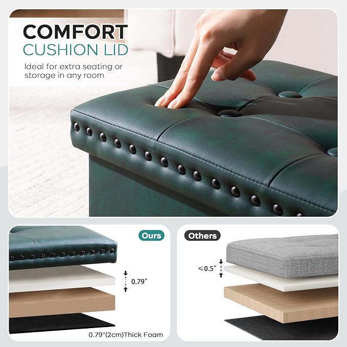 oakvivo Small 16 x 12 x12 Inches Folding Storage Ottoman, Faux Leather Foot Rest Stool with Rivet Design, Ottoman with Storage Vanity Stool Coffee Table for Living Room, Bedroom, Load 242 lbs, Green