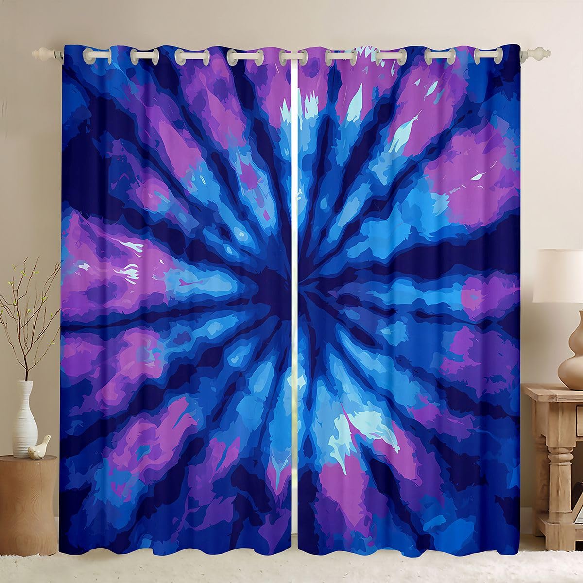 Feelyou Tie Dye Curtains Boho Psychedelic Swirl Grommet Curtain for Bedroom Bohemian Gypsy Thermal Curtain Trippy Boho Tribal Window Draperies Blue Purple 42W x 84L Set of 2 Panels