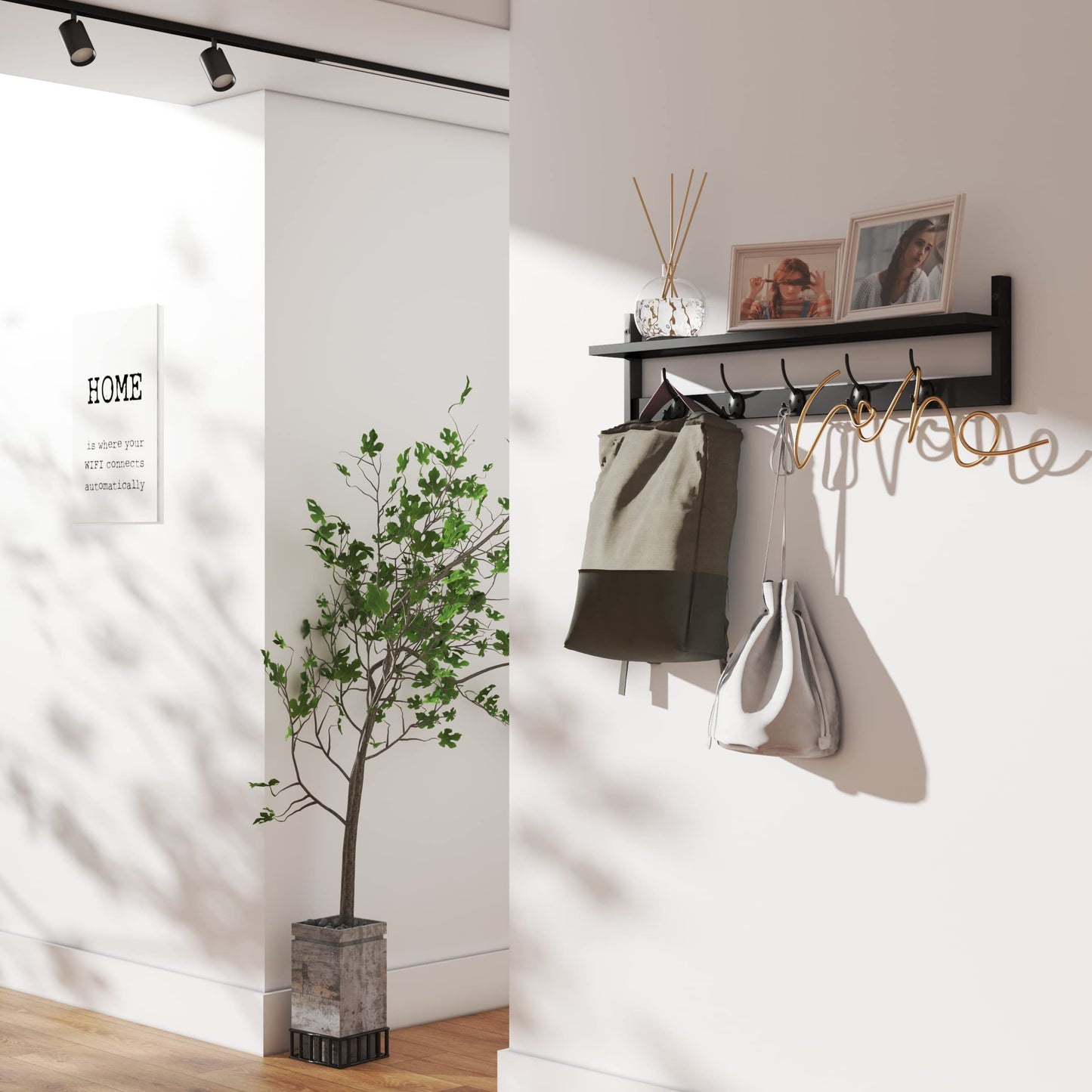 BAMEOS Wall-Mounted Shelf with Hooks - 28.9 Inch Entryway Hanging Shelf with 5 Dual Hooks for Bathroom, Living Room, Bedroom (Black)