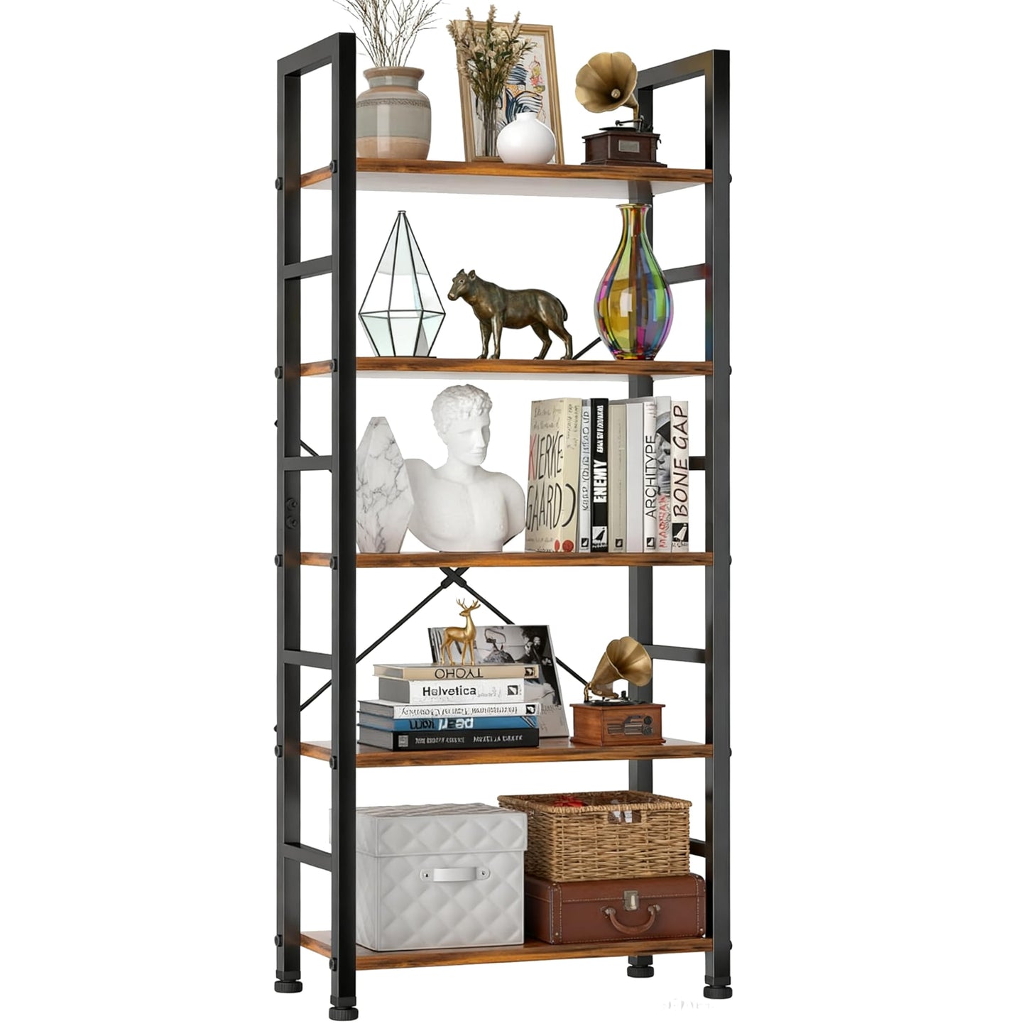 SageNest 5 Tier Bookshelf, Free Standing Wooden Bookcase with Open Storage Shelves with Metal Frame, Sturdy Shelf Organization Display Rack for Living Room, Bedroom, Home Office, 62.2" Tall, Brown