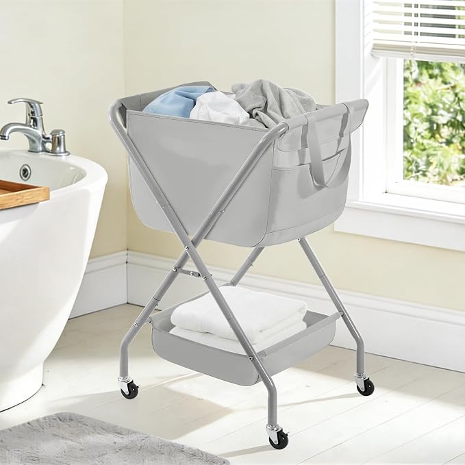 STORAGE MANIAC Collapsible Laundry Cart with Wheels 35.6"H Removable Canvas Bag Rolling Laundry Hamper Clothes Basket with Wheels, Sturdy Steel Frame Folding for Small Narrow Space Easy Storage, Grey