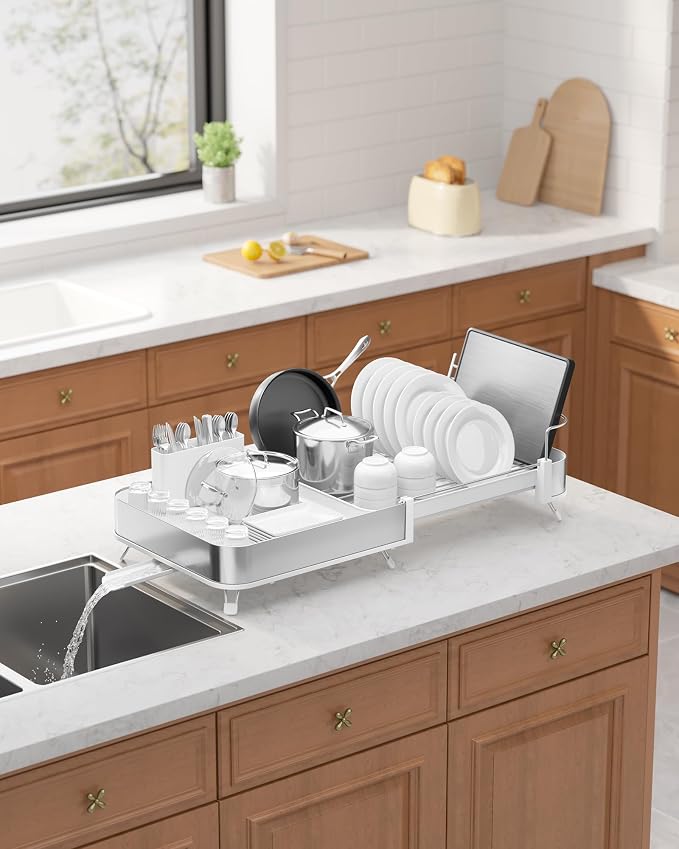 Kitsure Dish Drying Rack - Expandable Stainless Steel Dish Racks for Kitchen Counter, Auto-Drain Drying Rack for Kitchen with Cutlery Holder & Non-Slip Feet, 16.1-26.6" L x 12.6" W, White