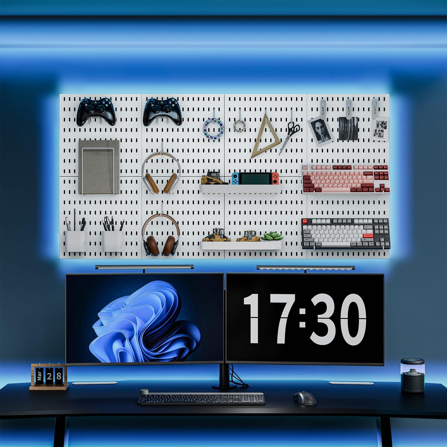 MULSAME Pegboard Combination Kit, Wall Mounted Storage Set with 8 Pegboards & 28 Accessories Hanging, Peg Boards Organizer for Walls Display, Crafts Organization, Kitchen Organizer, 22" x 44" White