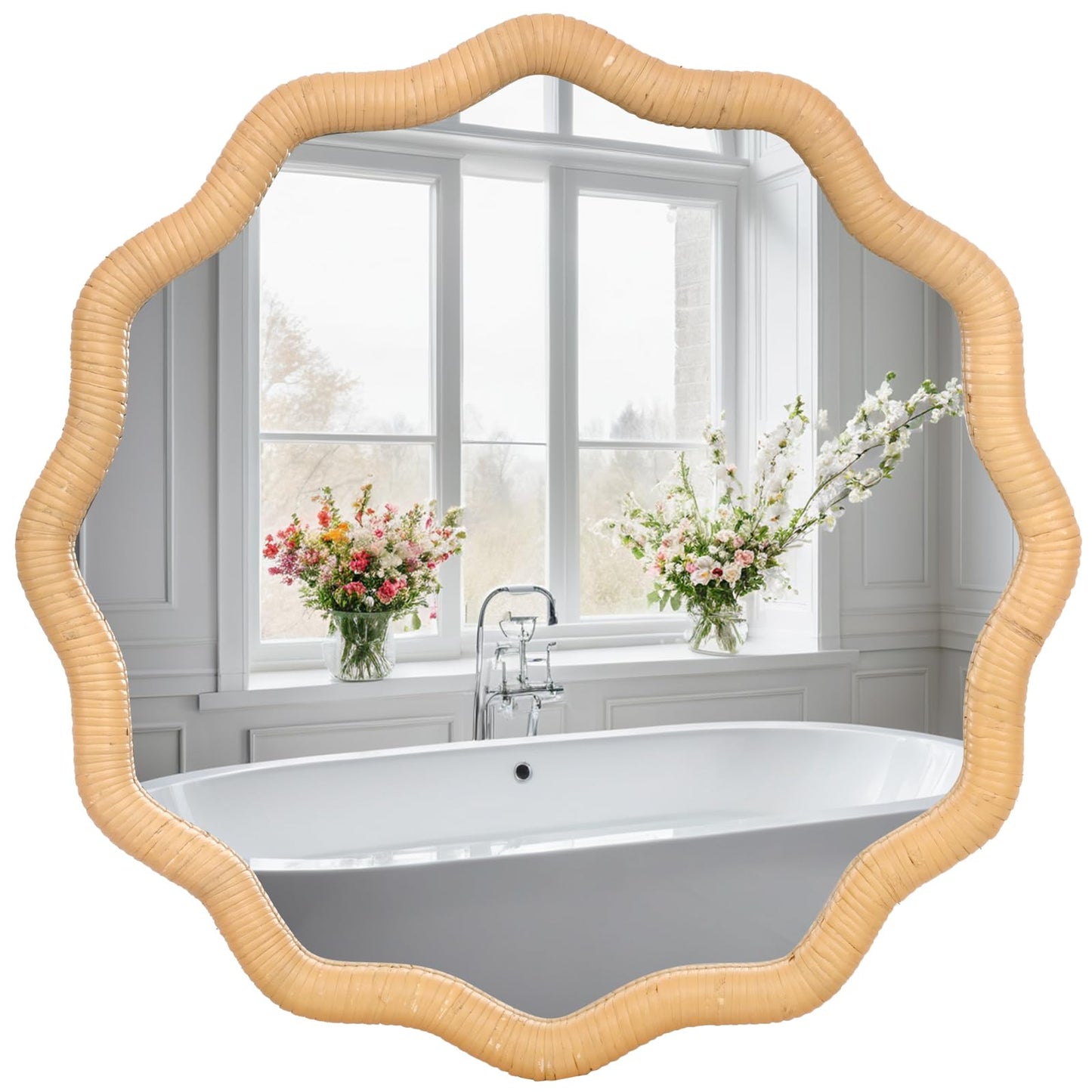 FUIN 20" Round Rattan Wall Mirror, Scalloped Wavy Wicker Frame – Handwoven Natural Boho Decor for Bathroom Vanity, Nursery & Entryway – Distortion-Free Glass