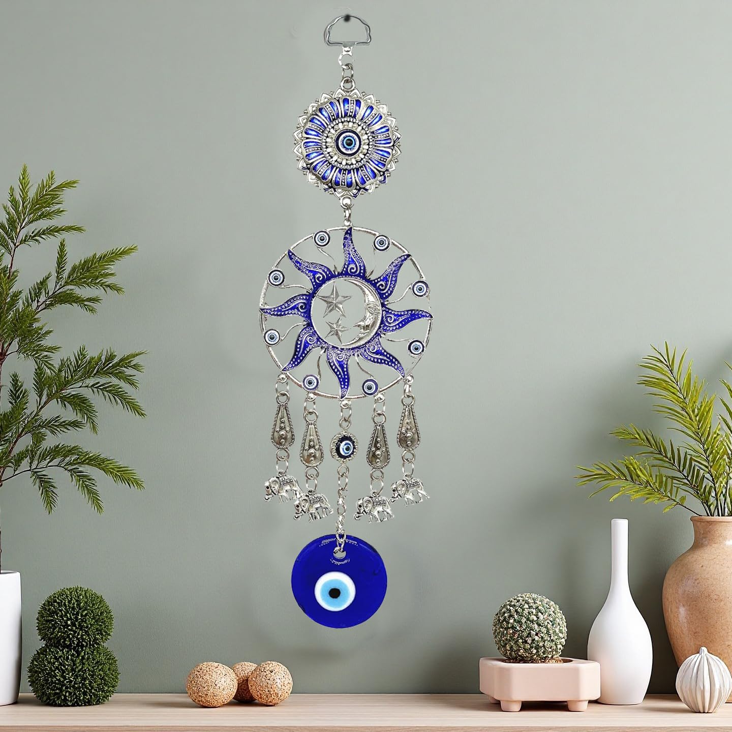 Turkish Evil Eye Wall Hanging, Blue Silver Sun Moon Stars Design with Elephant Charms, Traditional Protection Amulet Decor (1, Moon Star)