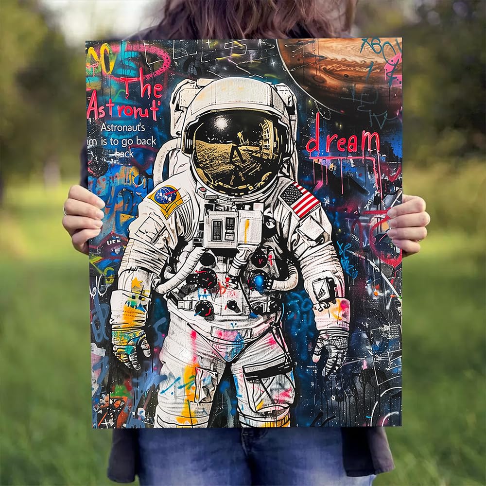 Ypxzzj Framed Banksy Graffiti Astronaut Canvas Wall Art Pop Spaceman Posters Wall Art for Teen Boy Room Decor Modern Abstract Street Art Graffiti Painting for Teenage Boys Bedroom Ready to Hang