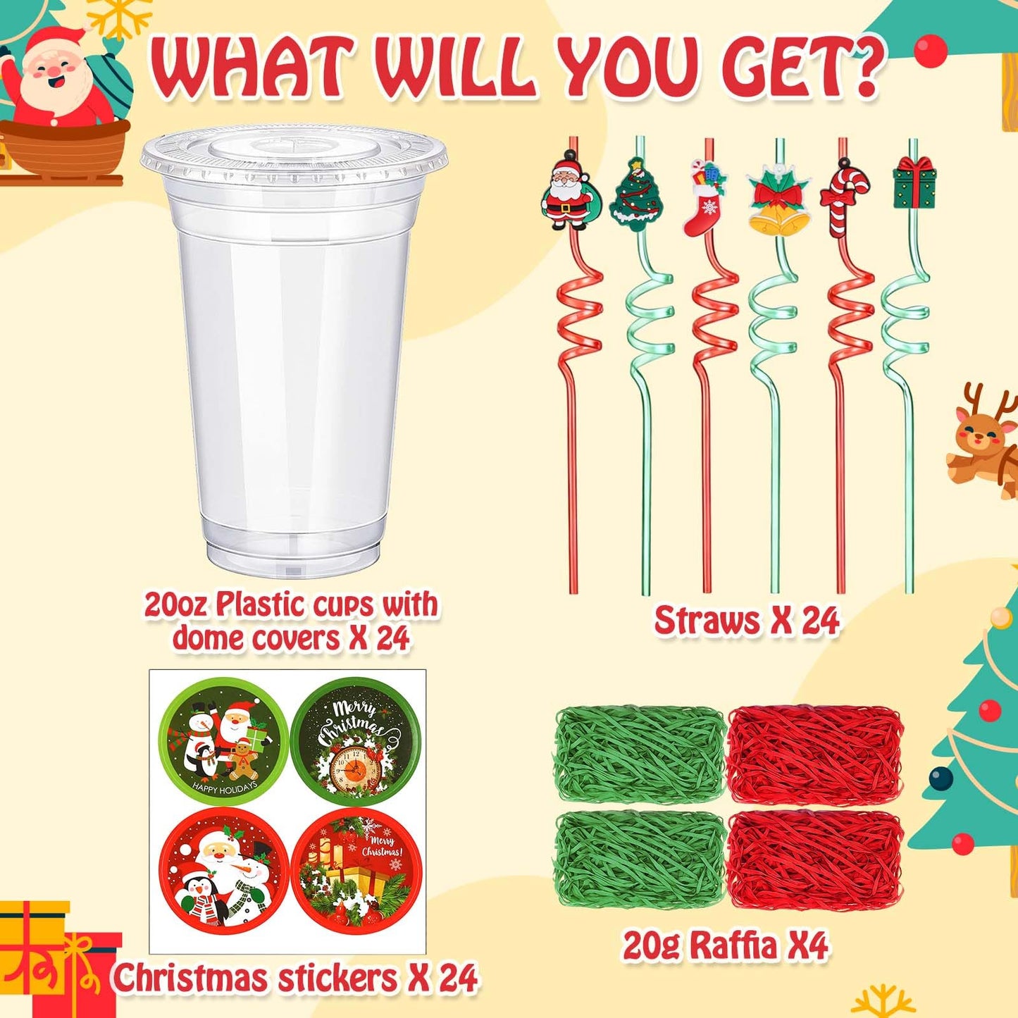 Vesici 124 Pcs Christmas Plastic Cups Bulk with Lids Straws Stickers Raffia Snowman Santa Claus Plastic Cups Xmas Disposable Clear Mugs Party Favor Holiday Birthday Wedding Party Supplies, 24 Sets