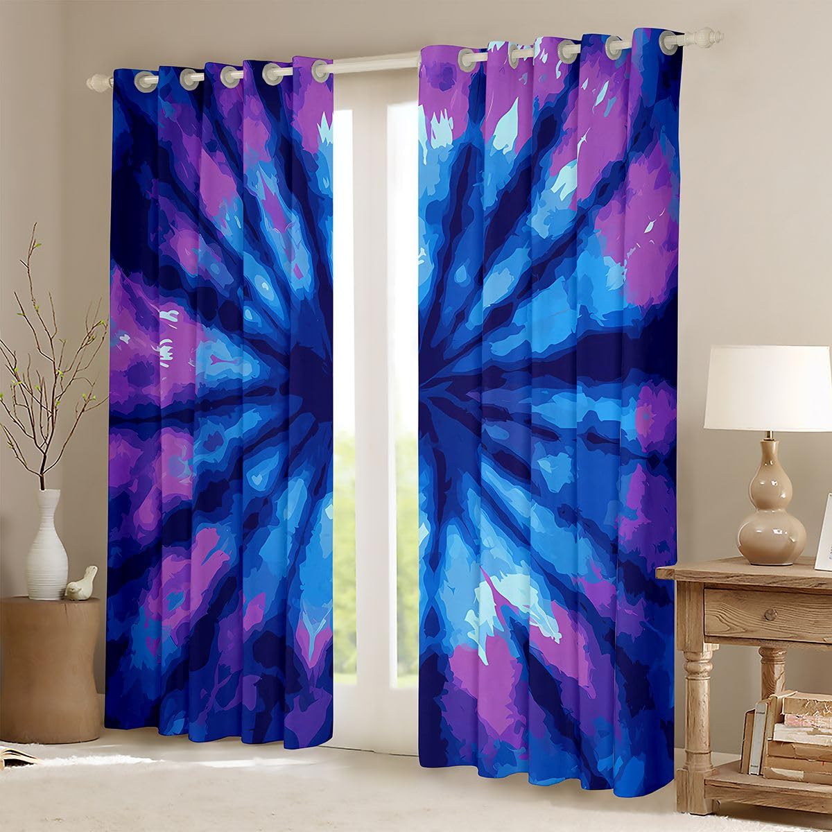 Feelyou Tie Dye Curtains Boho Psychedelic Swirl Grommet Curtain for Bedroom Bohemian Gypsy Thermal Curtain Trippy Boho Tribal Window Draperies Blue Purple 42W x 84L Set of 2 Panels