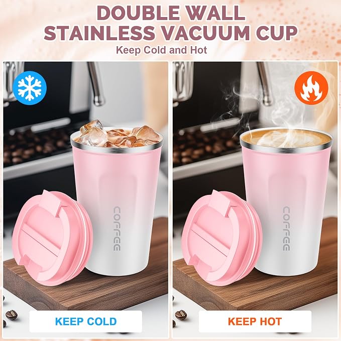 CS COSDDI 12 oz Stainless Steel Vacuum Insulated Tumbler - Coffee Travel Mug Spill Proof with Lid - Coffee Cups for Keep Hot/Ice Coffee,Tea and Beer (Pink-White380ML)