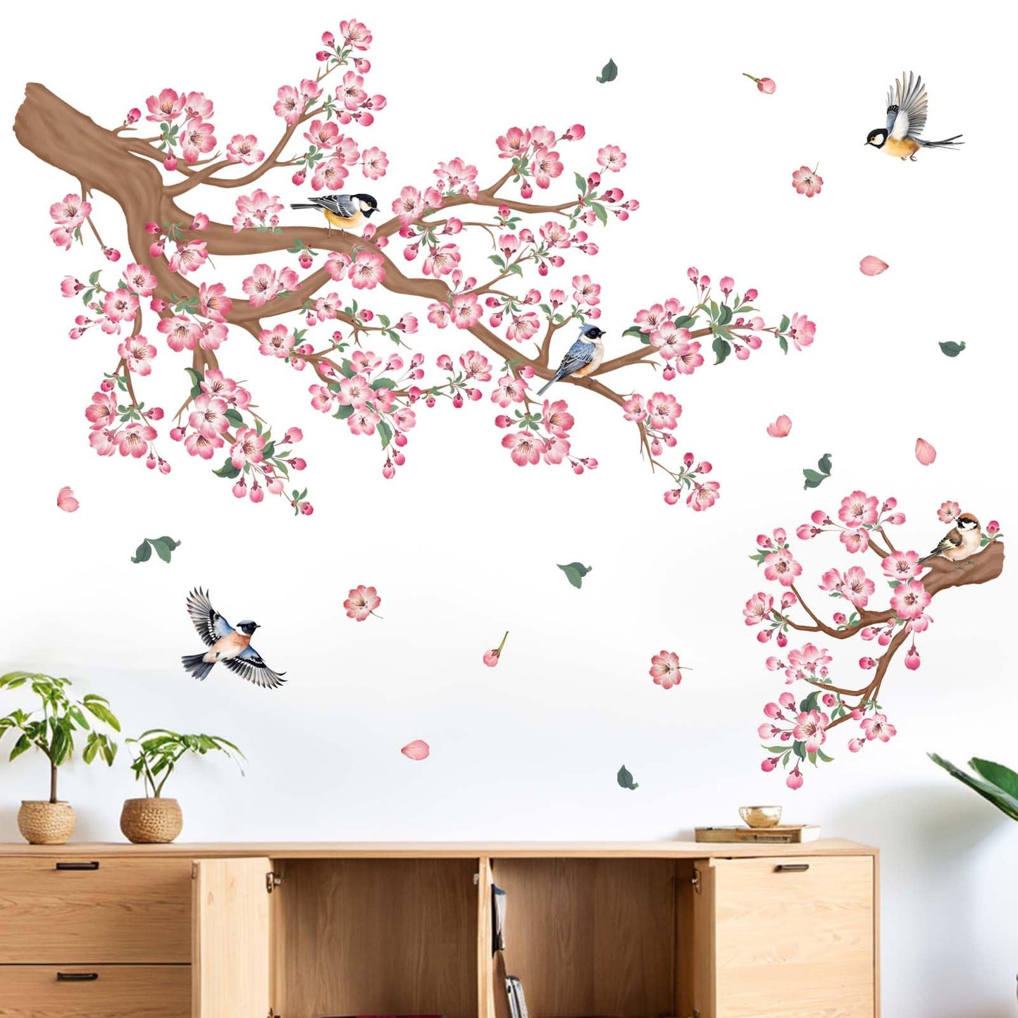 Cherry Blossom Wall Stickers for Bedroom: Peel and Stick Pink Flower Tree Branch Bird Wall Decals - Living Room Bathroom for All Adults