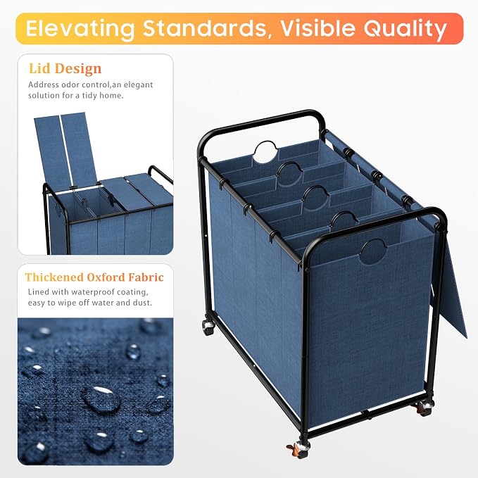 Laundry Sorter 4 Sections 48 Gal, Rolling Laundry Basket with Lockable Wheels and Lid, Laundry Hamper with 4 Separated Removable Bags Dirty Clothes Hamper for Laundry Room Organizer, Blue