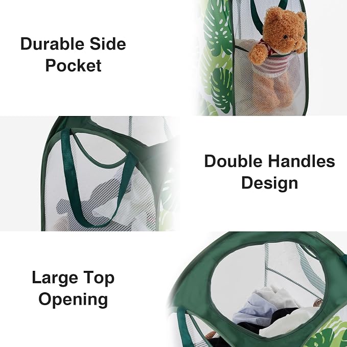 TECHMILLY Collapsible Mesh Pop Up Laundry Hamper with Sturdy Handles and Side Pocket - Portable Foldable Clothes Baskets for Dorm, Bathroom & Travel Storage (Green Leaf)