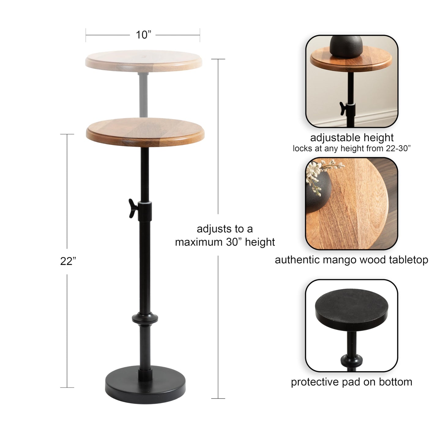 Kate and Laurel Engles Modern Adjustable-Height Pedestal Drink Table, 10 x 10 x 30, Natural Wood and Black, Transitional Round Indoor Metal Plant Stand with Solid Wood Tabletop