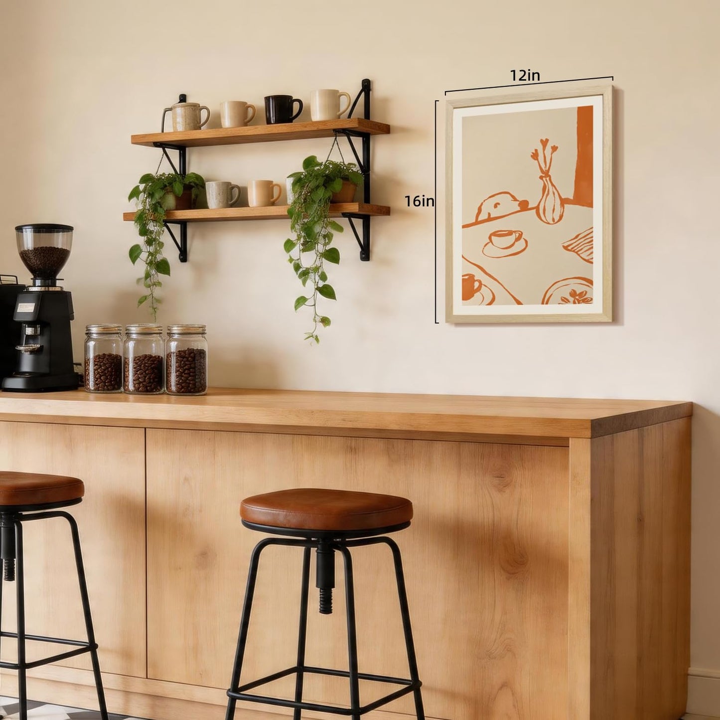 Msziryn Wood Framed Minimalist Coffee Wall Art, Brown Line Drawing Kitchen Wall Decor, Scandinavian Still Life Poster Print, Modern Coffee Dog Artwork for Dining Room Office Wood Framed 12x16 Inch