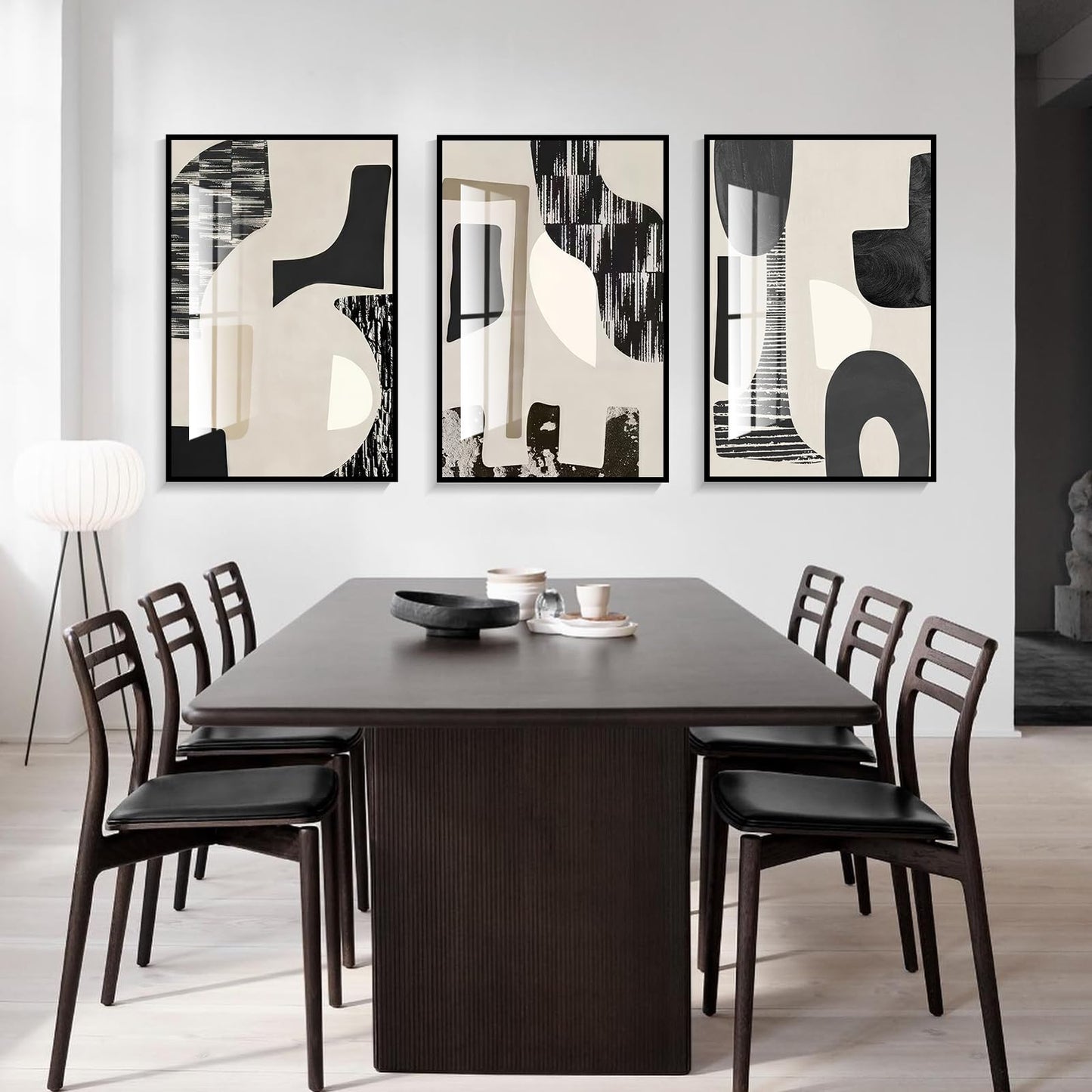 QKF Modern Abstract Wall Art Large Geometric Black and White 3 Piece Canvas Painting for Living Room Contemporary Wall Decor with High Gloss Finish 16x24 Inches Set