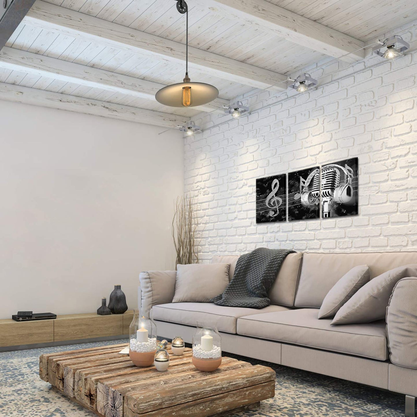 Biuteawal Music Artistic Paintings Wall Art Black White Microphone and Headset Note Picture Canvas Giclee Print Modern Home Studio Bedroom Decor Stretched and Framed Ready to Hang