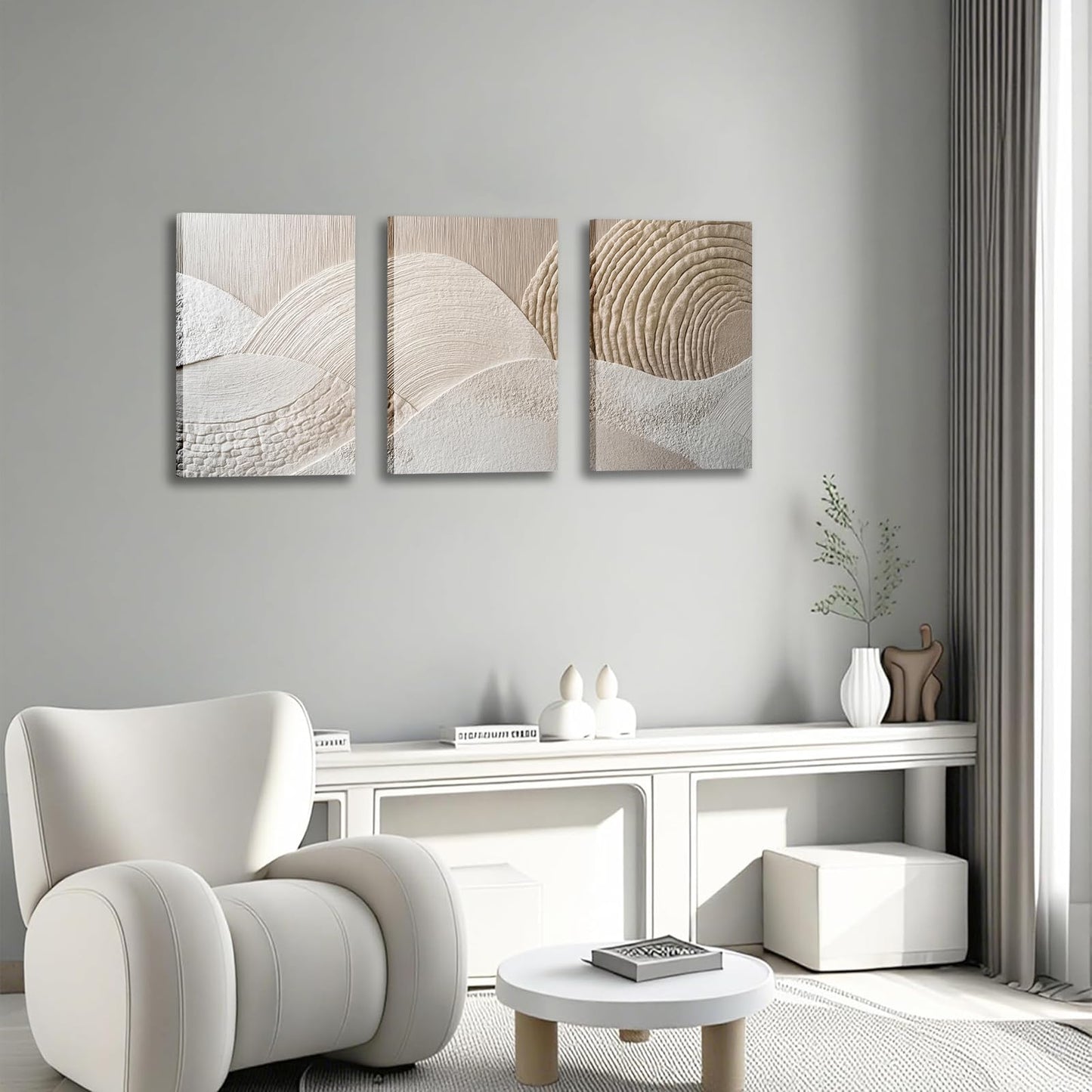 skysoon 3 Panels Neutral Abstract Wall Art, Minimalist Textured Canvas Wrapped Wall Decor, Beige Modern Boho Nordic Artwork for Living Room Bedroom Office 12x16 Inch