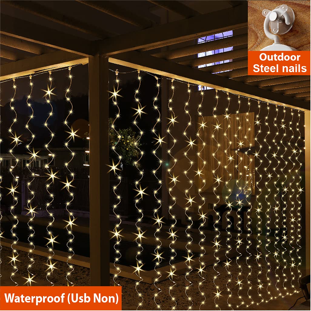 ZSJWL 300 LED Curtain Fairy Lights with Remote, 8 Modes 9.8 × 9.8 Ft Curtain String Light USB Plug in, Twinkle Silver Wire Lights for Bedroom Window Chrismas Wedding Party, Warm White