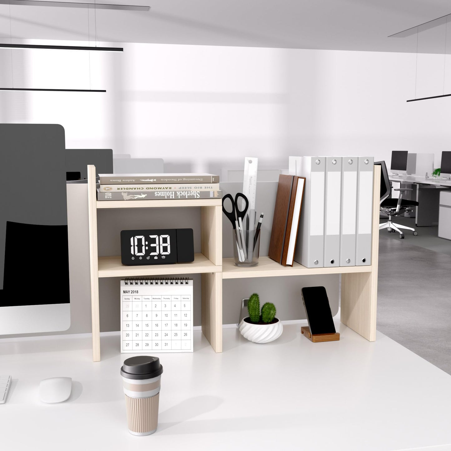 Jerry & Maggie Desktop Organizer Office Storage Rack Adjustable Wood Display Shelf, White, 5 Units, 16"L x 15.8"H x 6.8"W